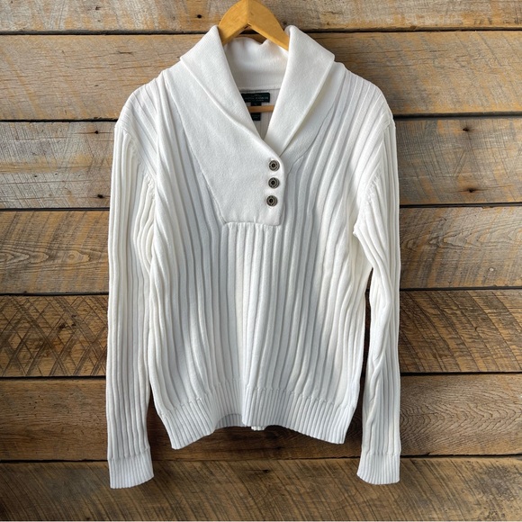 Lauren Ralph Lauren Sweaters - Lauren Ralph Lauren WhiteCotton Ribbed Button-Neck Sweater Womens XL Preppy